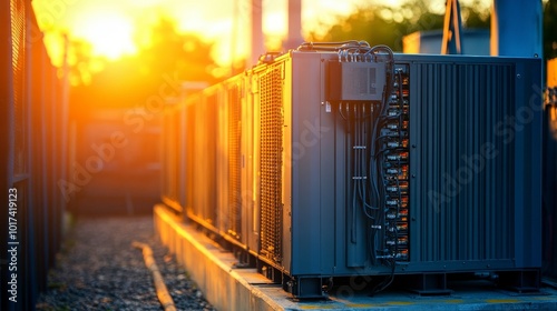 Outdoor data center cooling units at sunset with electrical wiring visible