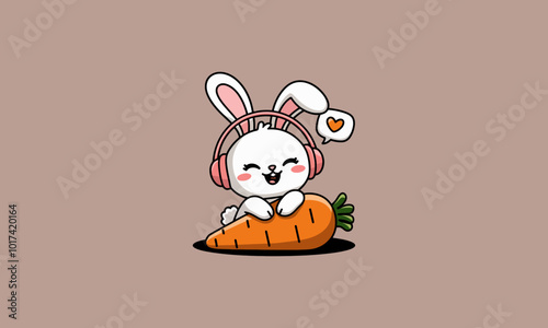 Bunny wearing headphones, hugging a giant carrot with a heart