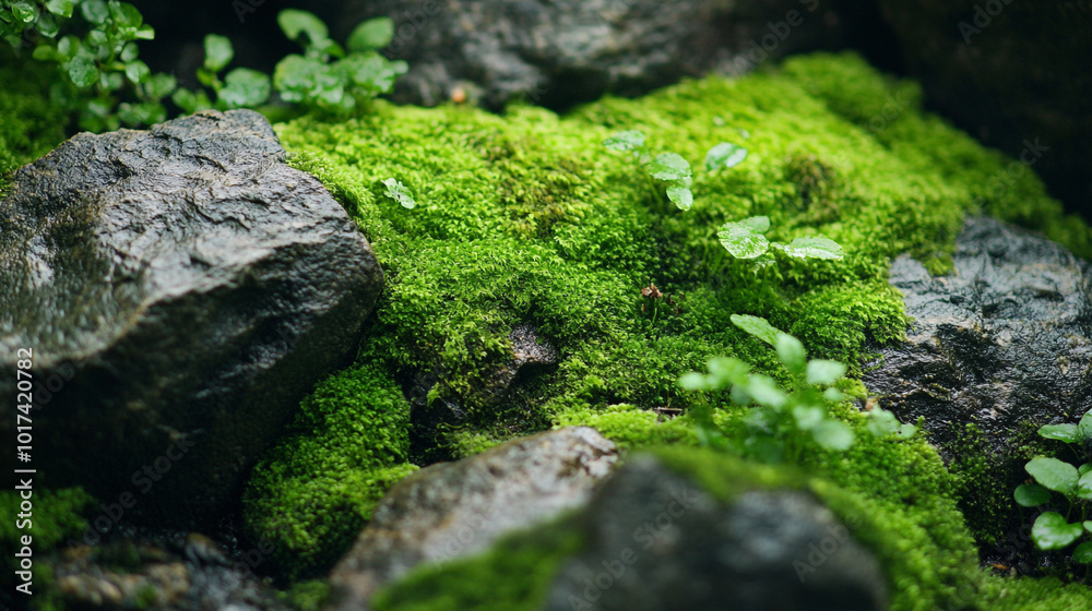 Lush Green Moss Covering Rocks in a Serene Natural Landscape. This image showcases vibrant moss and greenery thriving among rocks, creating a tranquil scene in nature's untouched embrace. Lush Green Moss Covering Rocks in a Serene Natural Landscape. This image showcases vibrant moss and greenery thriving among rocks, creating a tranquil scene in nature's untouched embrace.