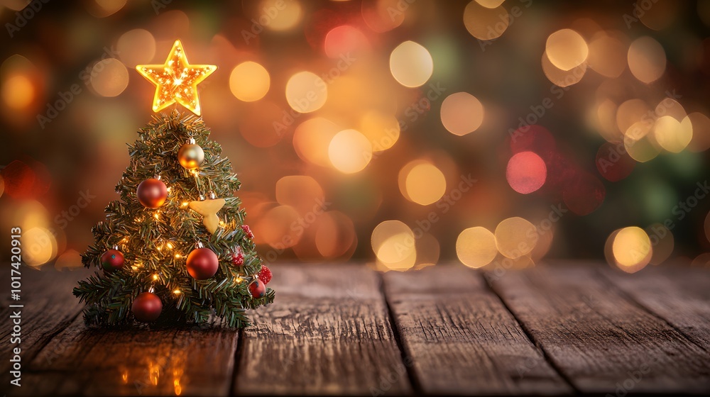 Decorated Christmas Tree on a Rustic Wooden Table with a Warm Bokeh Background Decorated Christmas Tree on a Rustic Wooden Table with a Warm Bokeh Background
