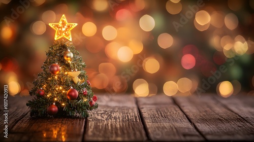 Decorated Christmas Tree on a Rustic Wooden Table with a Warm Bokeh Background