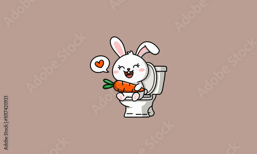 Funny bunny holding a carrot while sitting on a toilet
