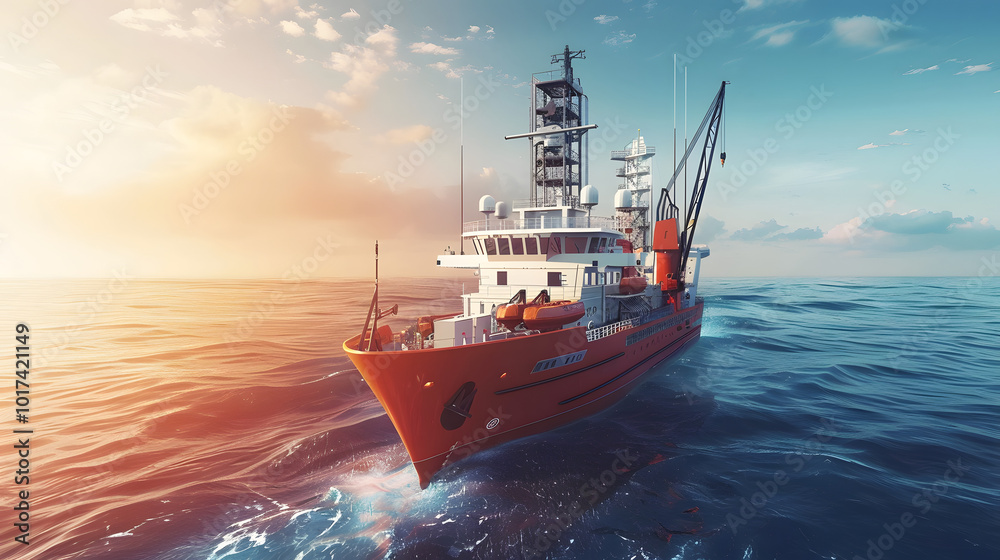 A large research vessel conducting a seismic survey in deep ocean waters, releasing sound waves to map underwater oil reserves, with bright equipment and a dynamic seascape A large research vessel conducting a seismic survey in deep ocean waters, releasing sound waves to map underwater oil reserves, with bright equipment and a dynamic seascape