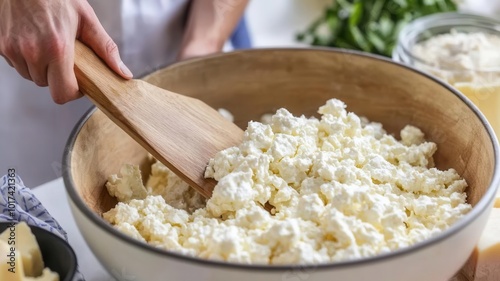 Cheesemaker using a traditional wooden paddle to stir curds, stirring cheese curds, authentic Italian tools