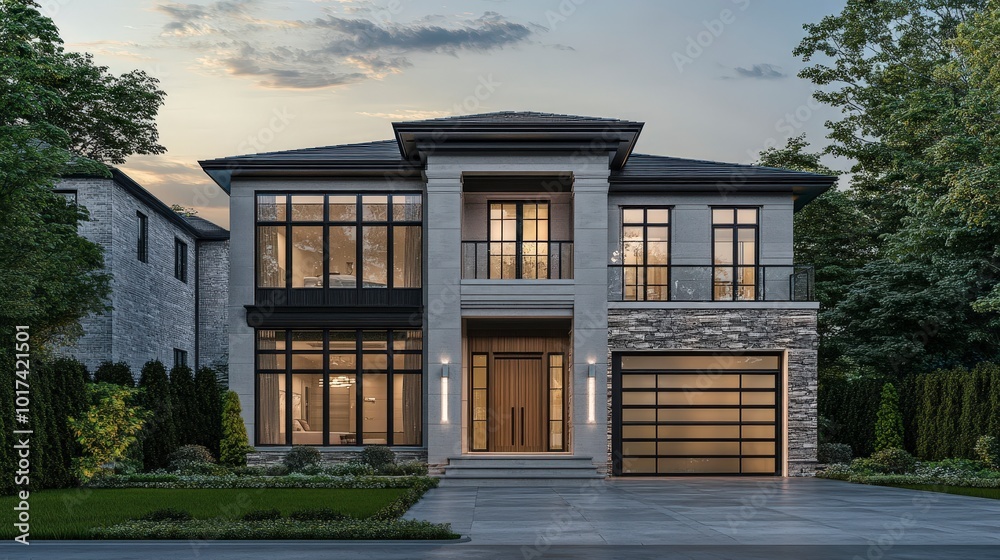 Fototapeta premium Modern two-story house with large windows and manicured landscaping outside