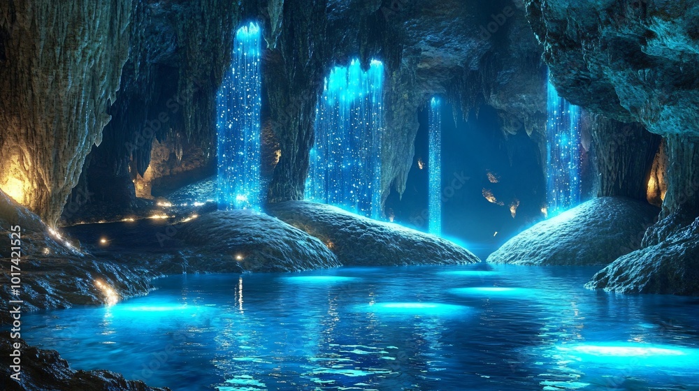 Mystical blue waterfalls cascade down the rock face of a dark cave, creating a glowing pool of water. Mystical blue waterfalls cascade down the rock face of a dark cave, creating a glowing pool of water.