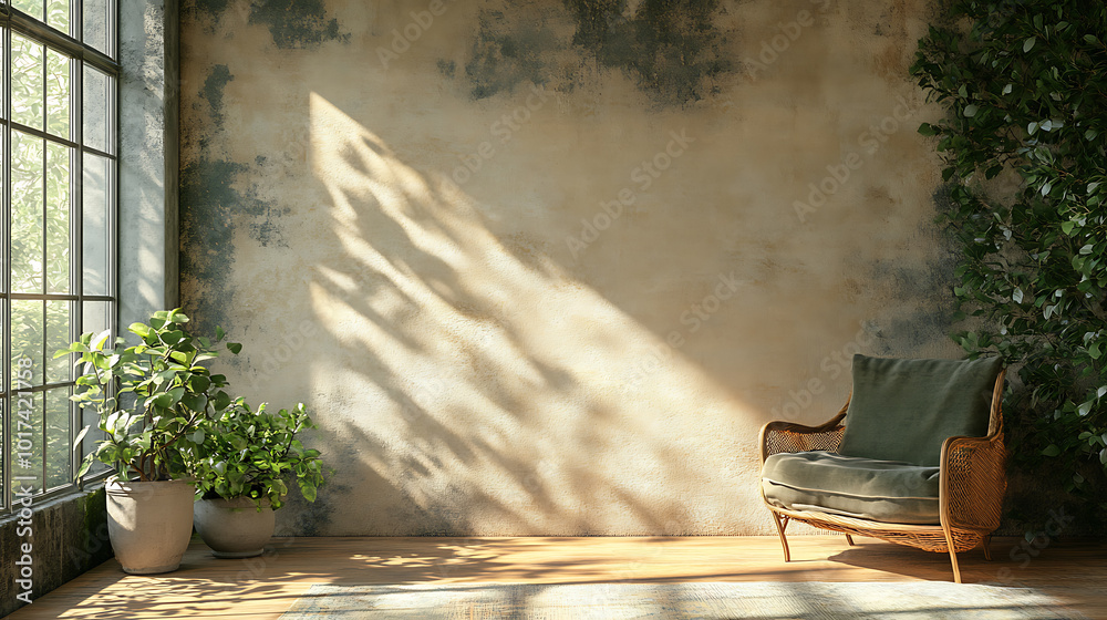 A cozy armchair sits in a sunlit room with a textured wall, wooden floor, and potted plants. A cozy armchair sits in a sunlit room with a textured wall, wooden floor, and potted plants.