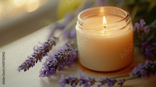 A burning candle with lavender flowers on a white surface. photo