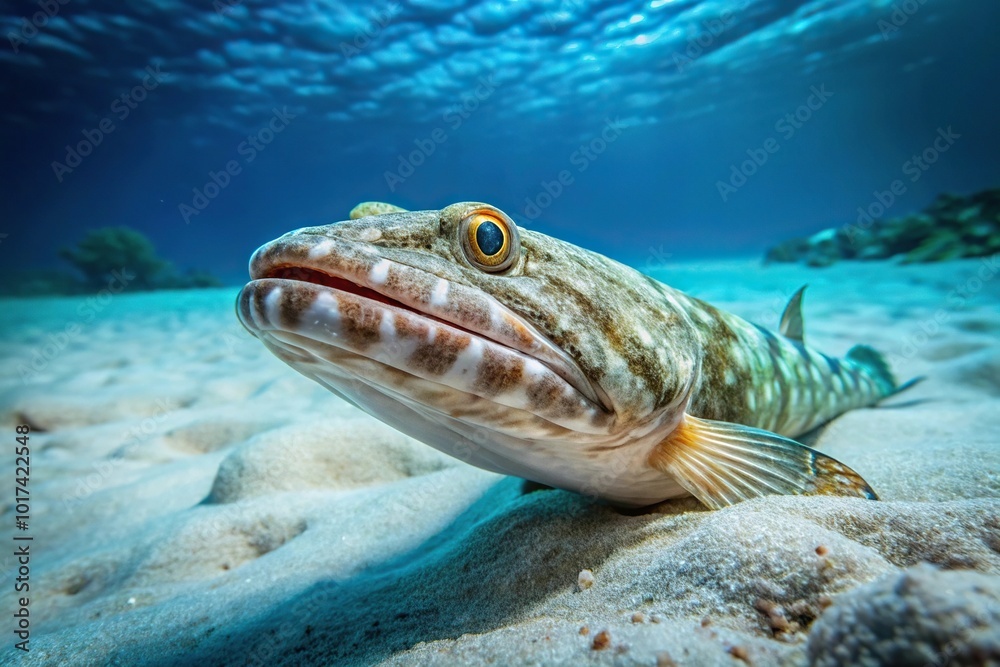 Asymmetrical single reef lizardfish lying on sandy seabed during freediving Asymmetrical single reef lizardfish lying on sandy seabed during freediving