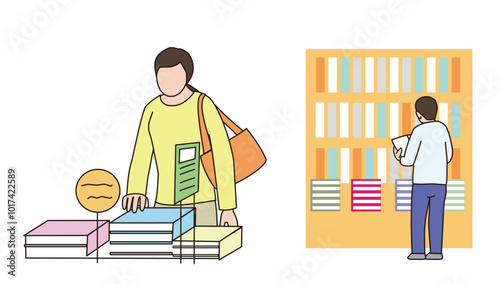 本屋の店内で本を見ている男性後ろ姿と本を取ろうとする女性のベクターイラスト
