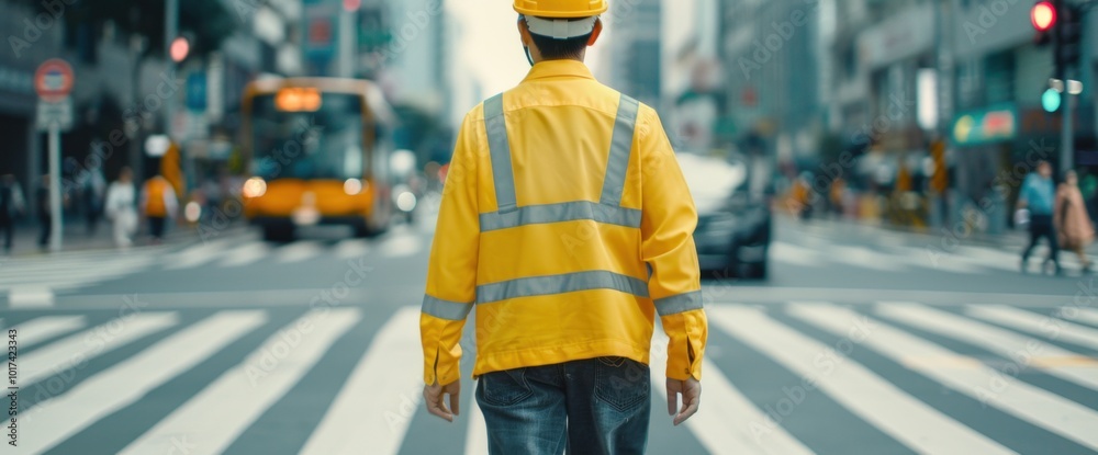 Safety in Action A Worker Directing Traffic in a Busy City Intersection Safety in Action A Worker Directing Traffic in a Busy City Intersection