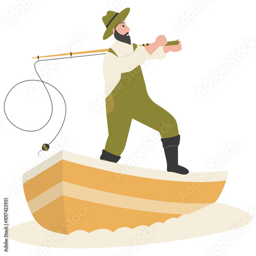 Cute Fisherman Character Illustration on White Background. Vector Clipart Design.