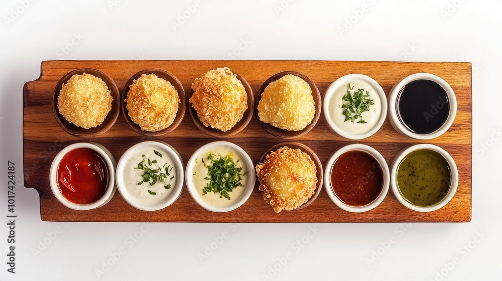 Assorted Snacks with Dipping Sauces on Wooden Platter Assorted Snacks with Dipping Sauces on Wooden Platter