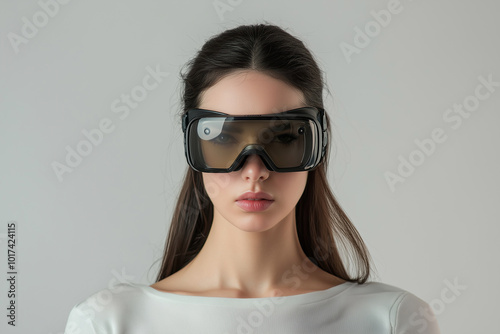 a woman wearing a virtual reality headband 