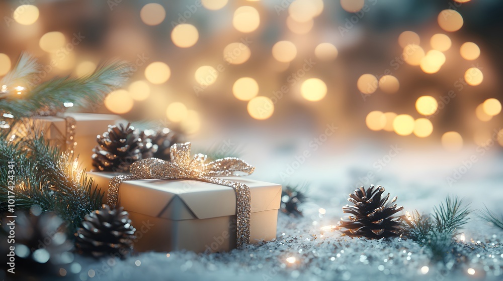Christmas Presents with Pine Cones and Festive Lights Christmas Presents with Pine Cones and Festive Lights