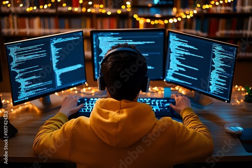 Realistic scene of a person in a library using public computers for anonymous activism, representing hacktivism through publicly available resources