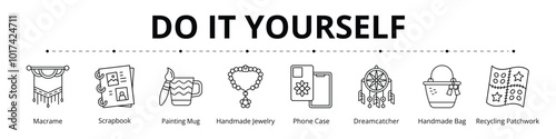 Do It Yourself Line Banner Web Icon Set Vector Illustration, Macrame Scrapbook Painting Mug Handmade Jewelry Phone Case Dreamcatcher Handmade Bag Recycling Patchwork