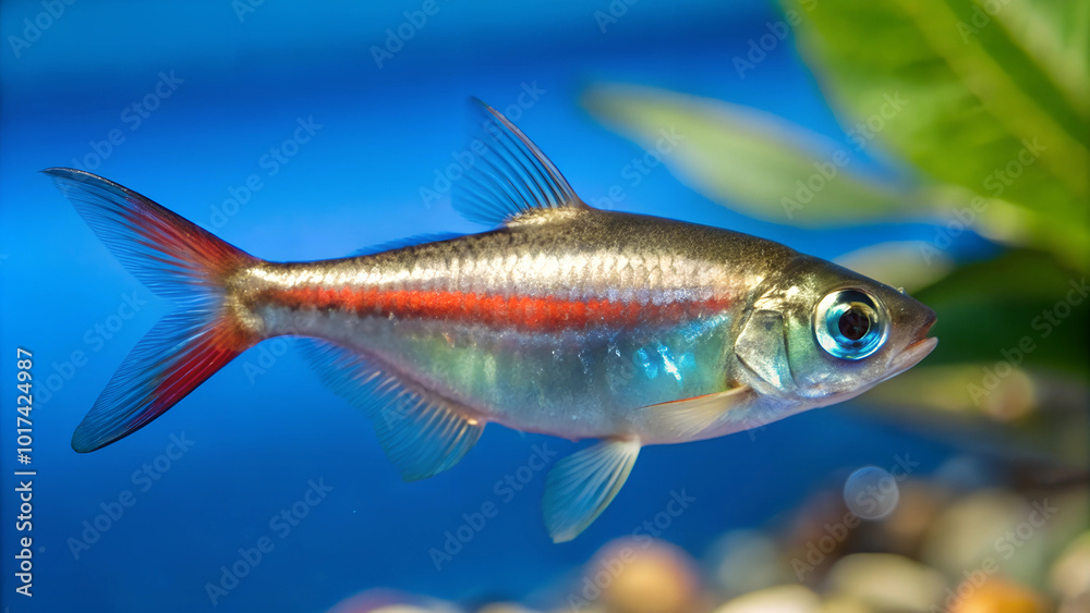 Close up of a Neon Tetra Swimming under light blue water Close up of a Neon Tetra Swimming under light blue water