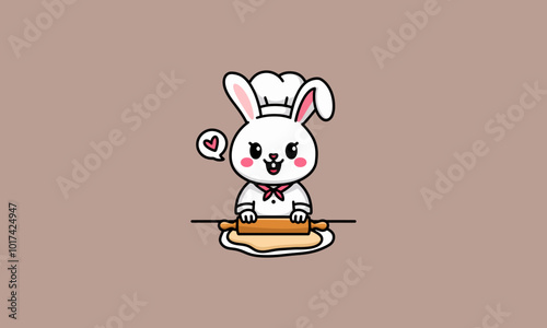 Adorable bunny chef rolling dough with a rolling pin