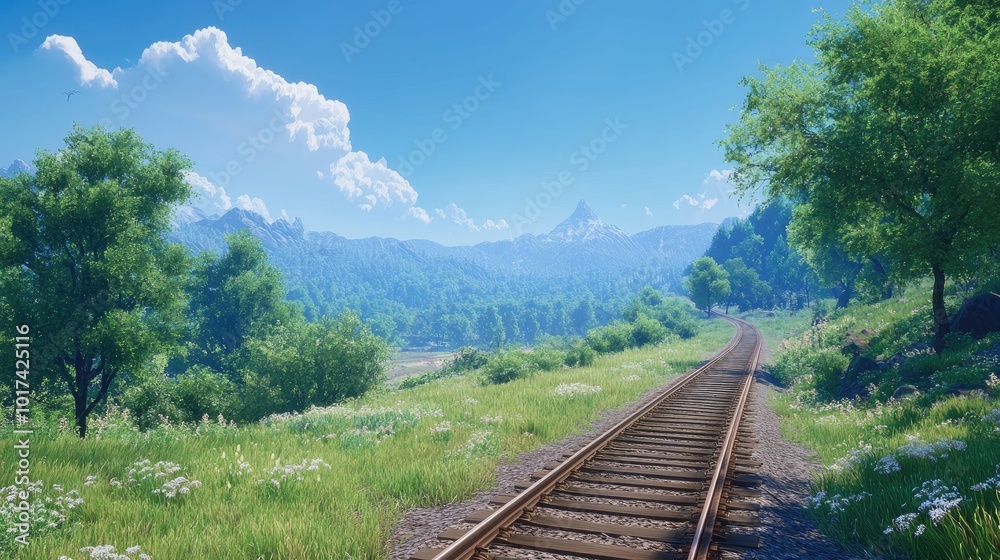 Obraz premium Scenic Railway Track in Lush Green Landscape