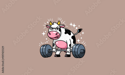 Determined cartoon cow lifting heavy weights