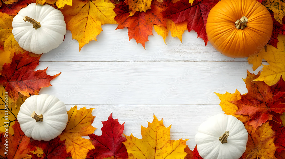 Autumn Leaves and Pumpkins Create a Frame on White Wood Background Autumn Leaves and Pumpkins Create a Frame on White Wood Background