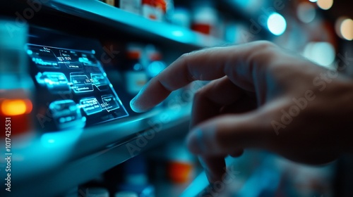 A hand interacts with a touchscreen interface in a pharmacy, showcasing modern technology in healthcare.