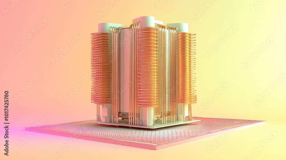 Naklejka premium Futuristic quantum computer with glowing coils in a soft pastel setting
