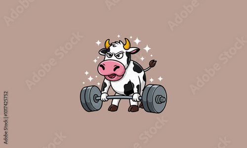 Determined cartoon cow lifting heavy weights