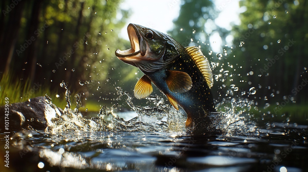 A largemouth bass leaps from the water, its mouth agape, as it fights to escape a fisherman's lure. A largemouth bass leaps from the water, its mouth agape, as it fights to escape a fisherman's lure.