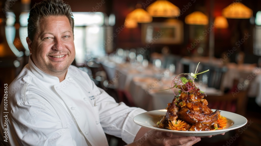 Chef holding a plate of beautifully arranged gourmet food, with a satisfied smile, symbolizing high food expectations and culinary excellence. Chef holding a plate of beautifully arranged gourmet food, with a satisfied smile, symbolizing high food expectations and culinary excellence.