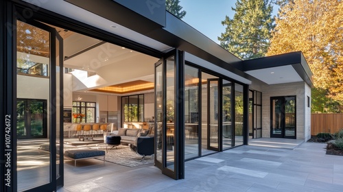 Aluminum bi-fold door panels with a sleek commercial frame, modern architectural design for indoor-outdoor spaces