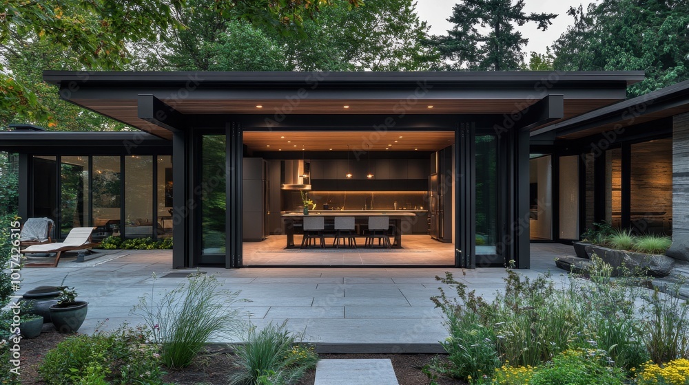 Aluminum-framed bi-fold doors open to a patio, highlighting modern architectural design and seamless outdoor transitions Aluminum-framed bi-fold doors open to a patio, highlighting modern architectural design and seamless outdoor transitions