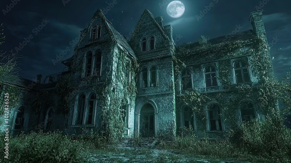 Obraz premium Abandoned Asylum at Night, A crumbling old asylum with broken windows and overgrown vines crawling up its walls, Halloween day concept