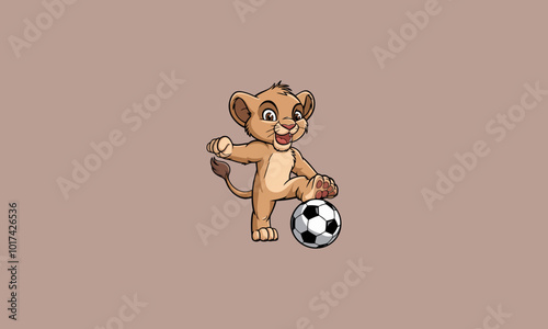 Cartoon lion cub playing soccer with a ball