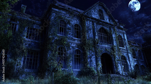 Abandoned Asylum at Night, A crumbling old asylum with broken windows and overgrown vines crawling up its walls, Halloween day concept