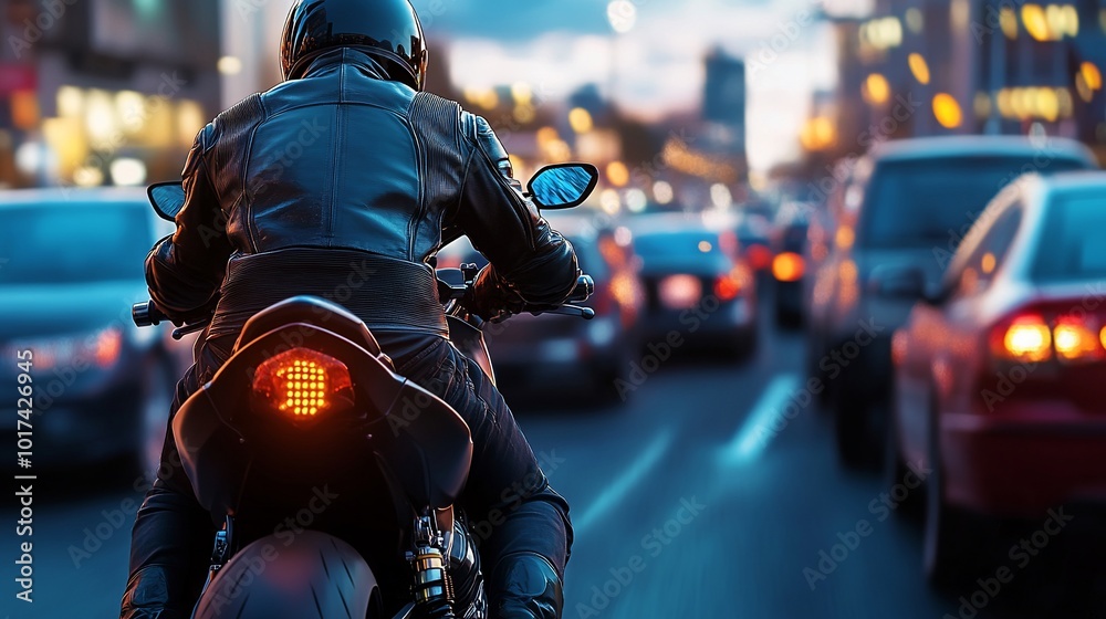 A motorcyclist rides through city traffic at dusk. A motorcyclist rides through city traffic at dusk.
