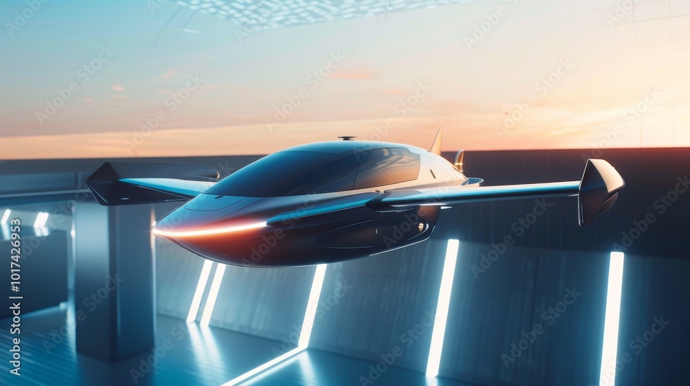 Sleek electric air taxi hovering above futuristic city skyline, smooth aerodynamic design, golden hour sunlight, modern transportation concept. Sleek electric air taxi hovering above futuristic city skyline, smooth aerodynamic design, golden hour sunlight, modern transportation concept.