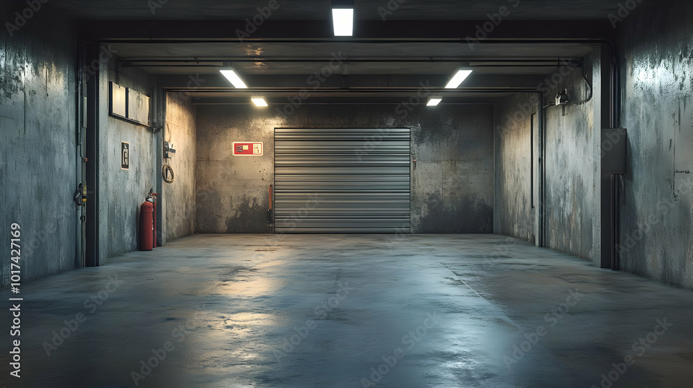 Industrial Garage with Metal Roll-Up Door 3D Illustration Industrial Garage with Metal Roll-Up Door 3D Illustration
