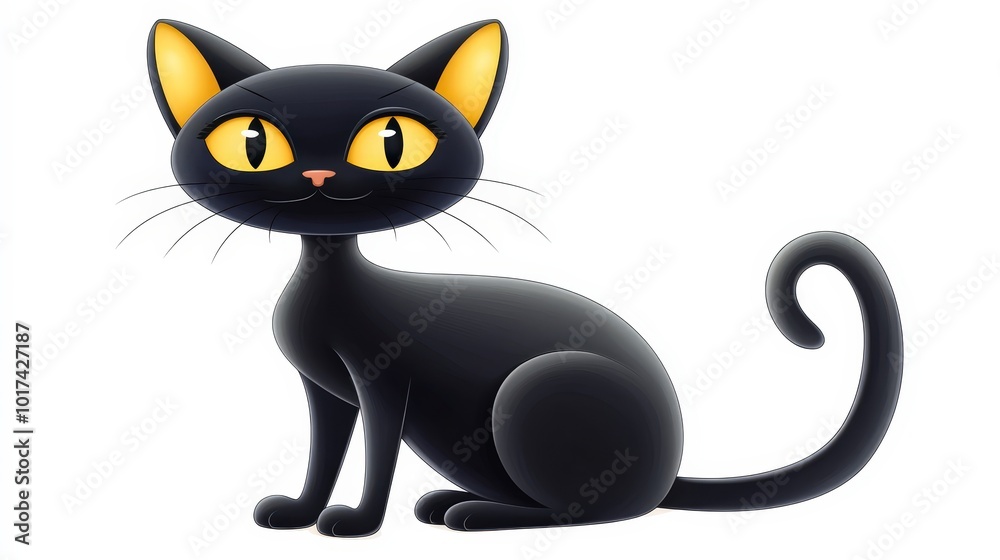 Curious black cat with yellow eyes sits on white background Curious black cat with yellow eyes sits on white background