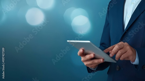 A businessman interacts with a tablet displaying vibrant metaverse graphics, envisioning future digital realms.