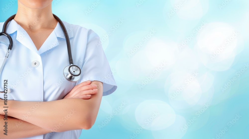 A healthcare worker stands confidently with a stethoscope, ready to provide care against a soft blue backdrop. A healthcare worker stands confidently with a stethoscope, ready to provide care against a soft blue backdrop.