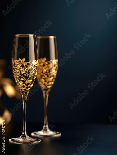 Elegant champagne flutes with gold embroidery, perfect for celebrating special occasions and adding glamour to any table setting.