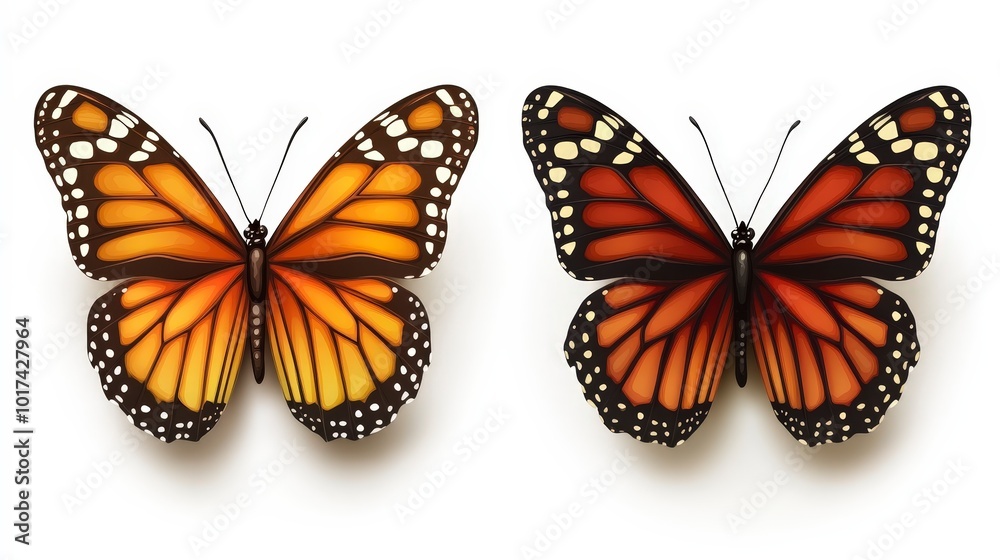 Fototapeta premium Two beautiful monarch butterflies side by side on a white background