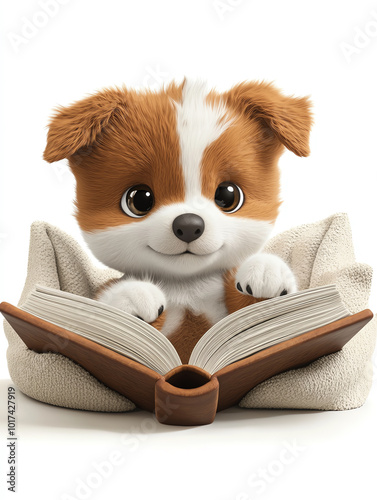 Adorable cartoon puppy with large eyes reading a book, sitting comfortably in a chair. Perfect for educational or playful content.