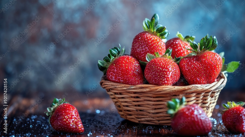 Fresh Strawberries in a Wicker Basket on a Wooden Surface Fresh Strawberries in a Wicker Basket on a Wooden Surface
