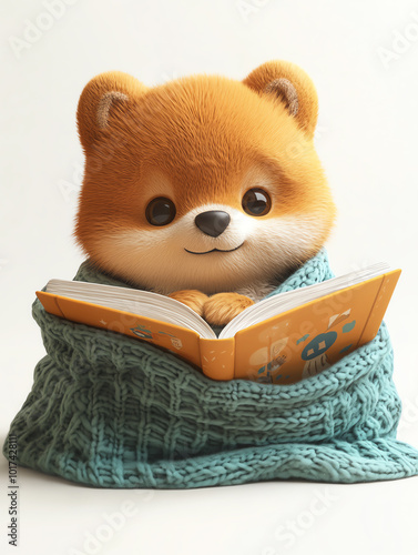 Cute plush toy dog reading a book wrapped in a cozy knitted blanket, perfect for kids' rooms, nurseries, and educational themes.