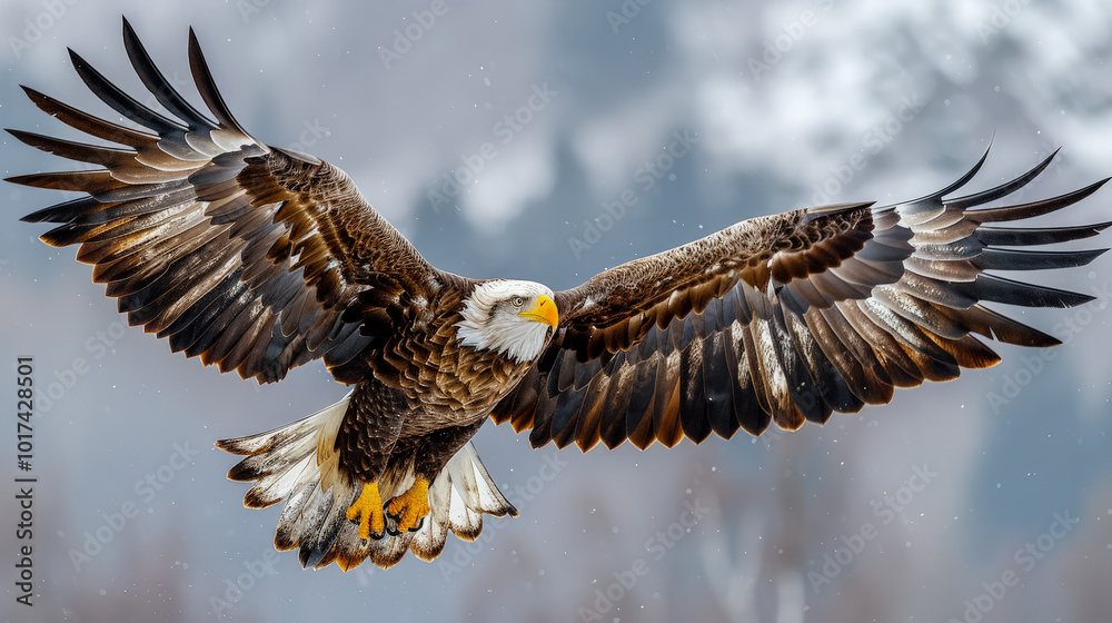 Obraz premium Large eagle is flying through the sky with its wings spread wide