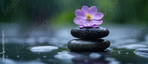 A single pink flower rests atop a stack of smooth, wet stones, with rain falling around.