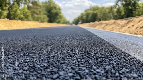 Close-up of a new asphalt road, clean and even, with clear markings, representing infrastructure and modern road construction